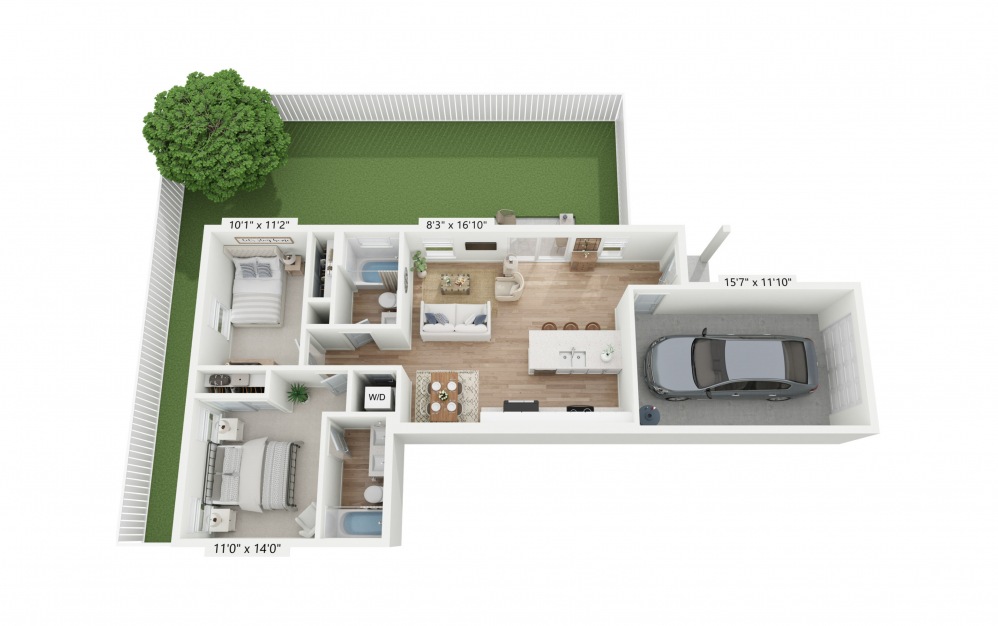 Fig - 2 bedroom floorplan layout with 2 baths and 917 square feet.